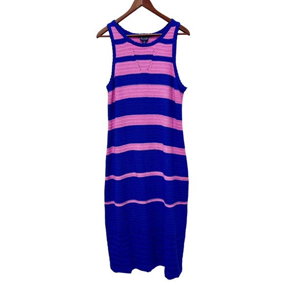 Scoop Blue Pink Striped Crochet Midi Dress Womens XL Sleeveless Knit Summer - Picture 2 of 8